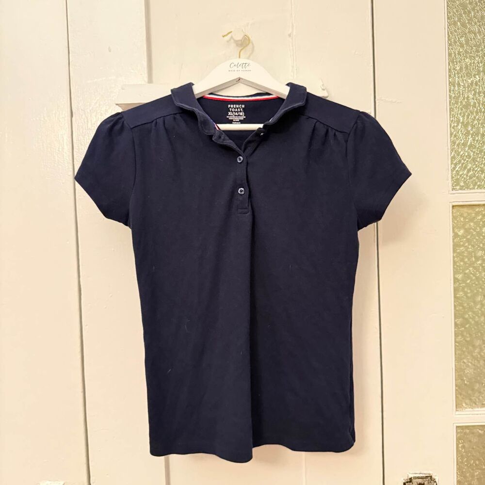 French Toast Girls Navy Polo Shirt – Puff Sleeve, Size Medium (10/12)